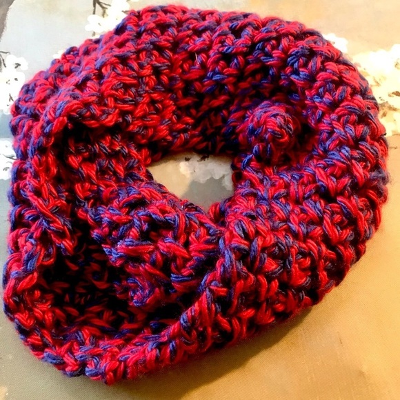 hand Knitted Accessories - 🎁 Handmade Infinity Scarf Blue and Red Soft